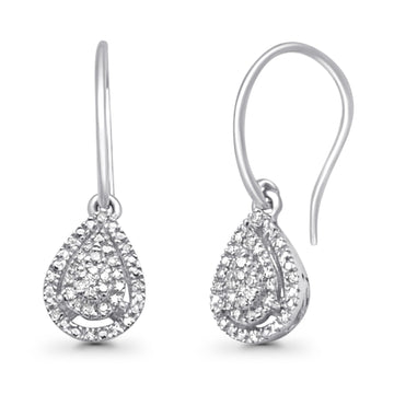 Solid 10K White Gold 19mm Teardrop Pear Shaped Round Diamond Dangling Earrings Wholesale